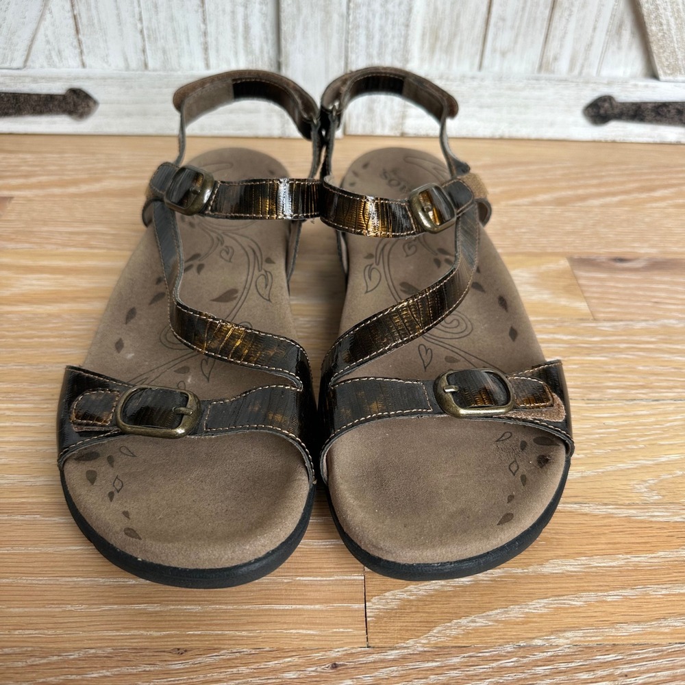 Taos Beauty 2 Brown Tortoise Patent Leather Strappy Sandal Boho Comfort 10